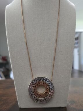 Gold and Silver Tone Integrated Hoops Circle Pendant on Gold Tone Snake Chain
